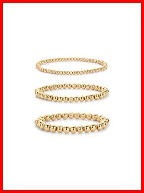 14K Yellow Gold Plated Stretchy Beaded Bracelets Set of 3 Waterproof